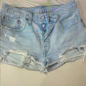 Classic High-Waist Distressed Denim Shorts - Light Blue